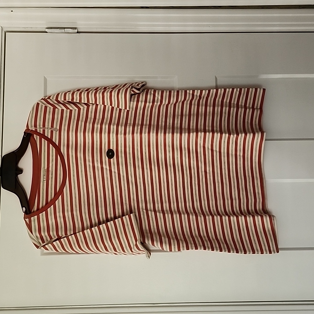 NWT. L.L.Bean. Short sleeve Cream/dark pink/gray stripe shirt. XL